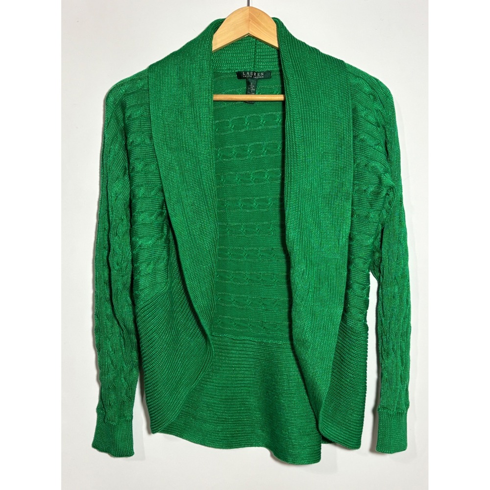 Lauren Ralph Lauren Green Cable‎ Knit Shawl Collar Open Front Cardigan Small